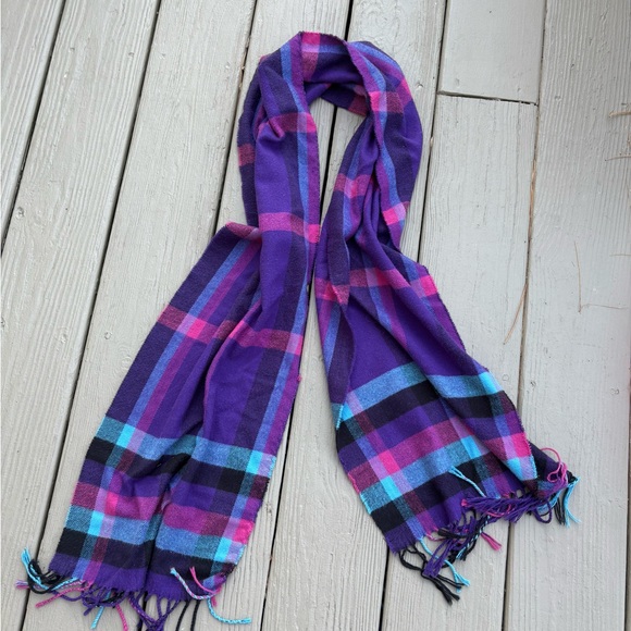 100% Cashmere Plaid Purple and Pink Long Scarf with Fringes, Size: 62”L x 12” - Picture 2 of 4